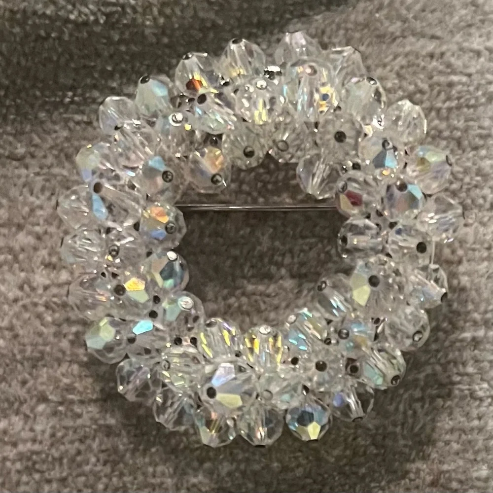 Vintage Clear Round Aura Borealis Crystal Silver Brooch